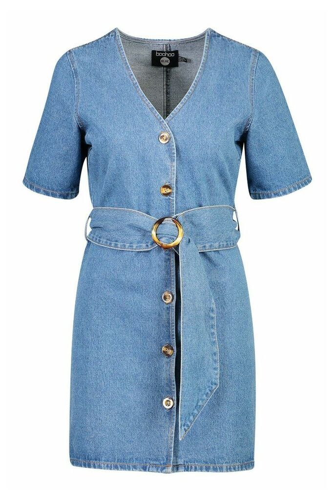 Womens Mock Horn Button Belted Denim Dress - Blue - 8, Blue