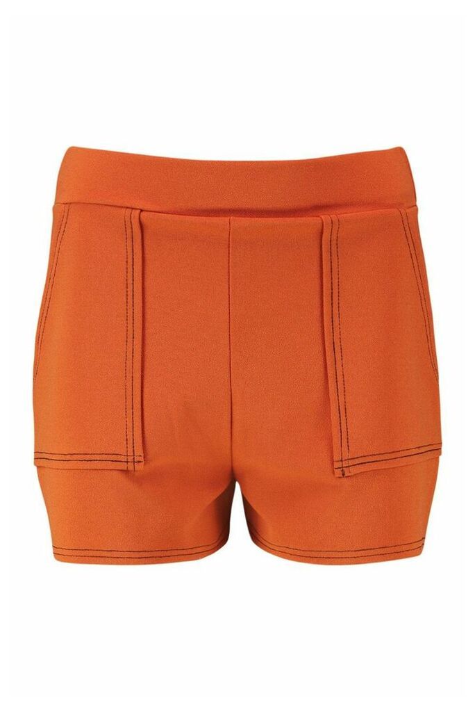 Womens Topstitch Paper Bag Pocket Shorts - orange - 10, Orange