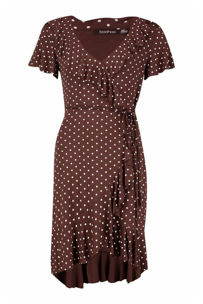 Womens Polka Dot Wrap Front Ruffle Tea Dress - Brown - 6, Brown