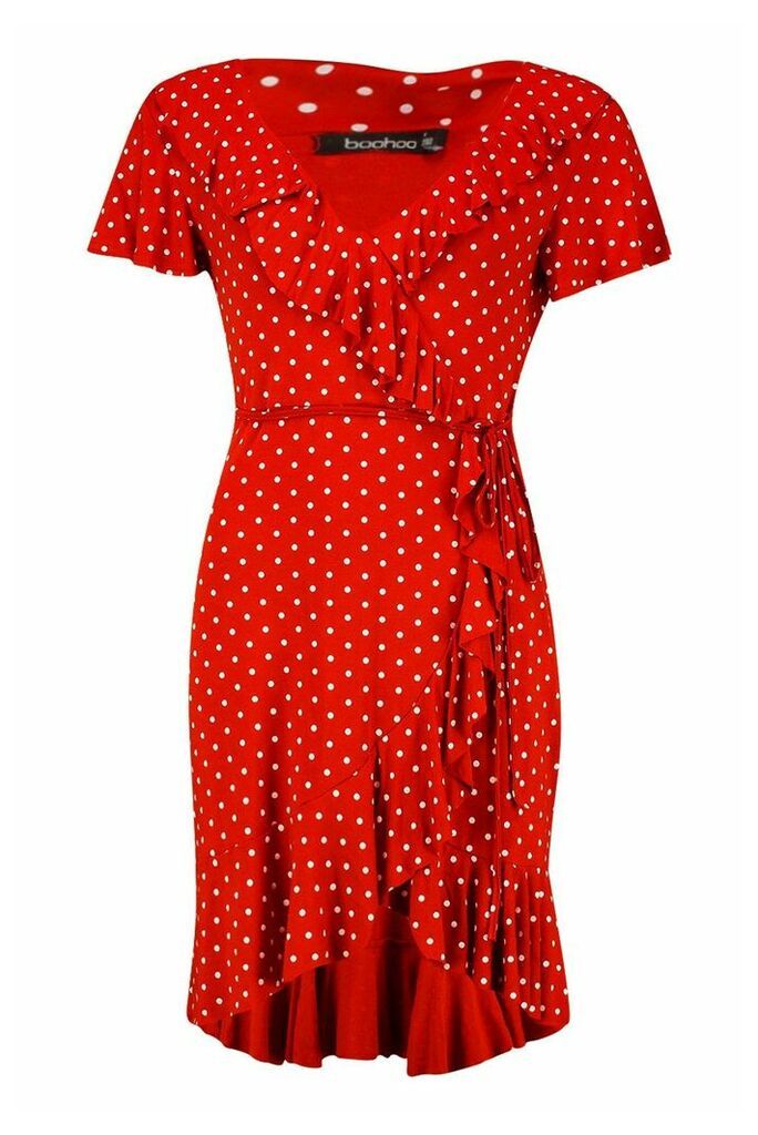 Womens Polka Dot Wrap Front Ruffle Tea Dress - Orange - 10, Orange