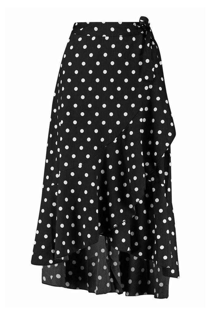 Womens Polka Dot Ruffle Midi Skirt - Black - 8, Black
