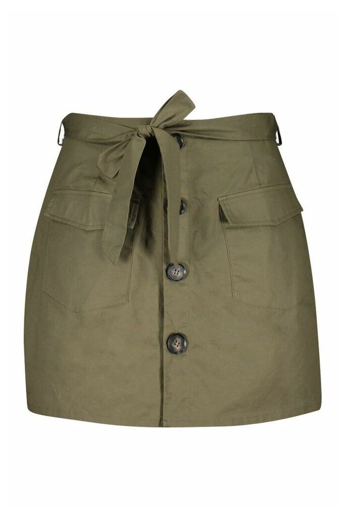 Womens Plus Tie Horn Button Military Skirt - green - 24, Green