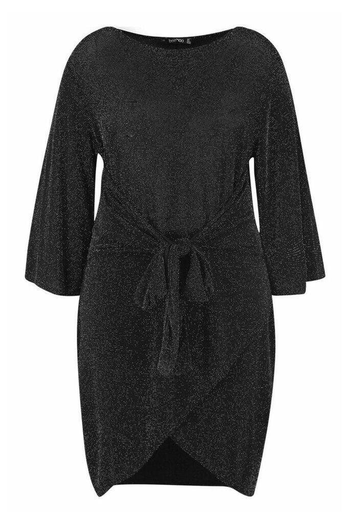 Womens Plus Shimmer Kimono Sleeve Tie Waist Wrap Dress - black - 18, Black