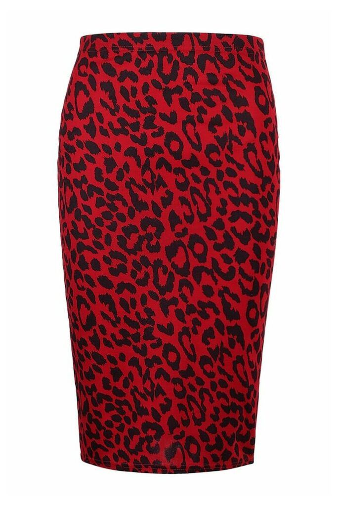 Womens Petite Leopard Print Midi Skirt - red - 6, Red
