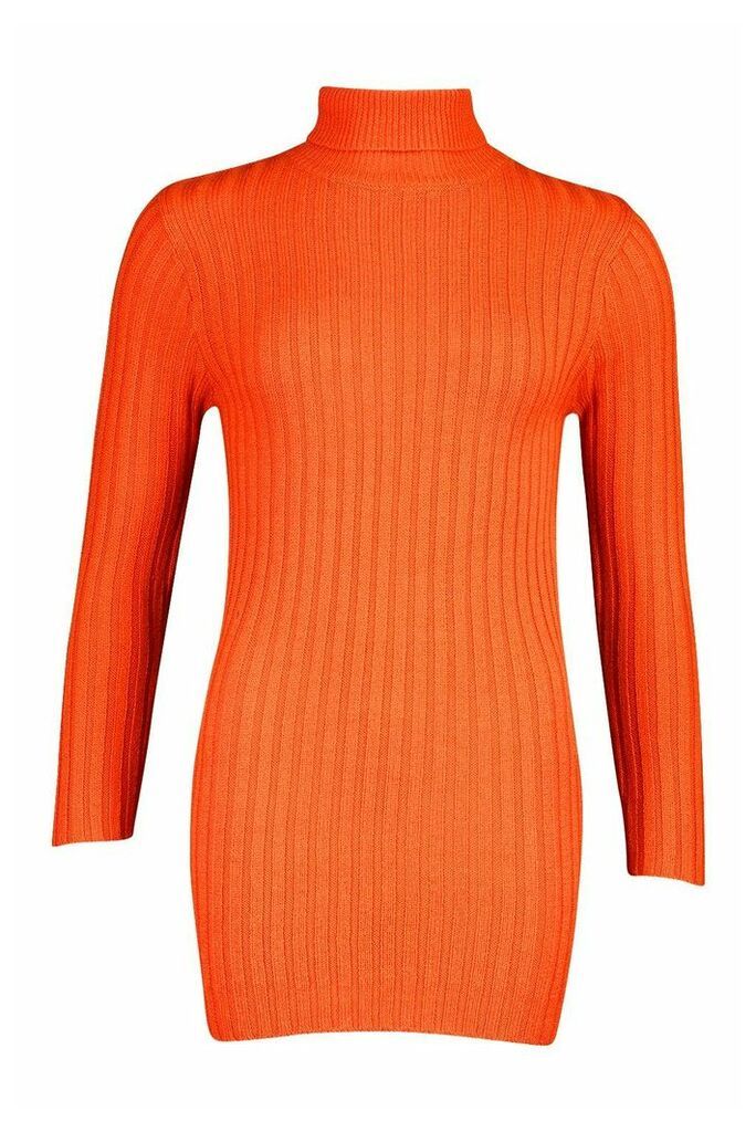 Womens Petite Rib Knit Roll Neck Jumper Dress - Orange - M, Orange