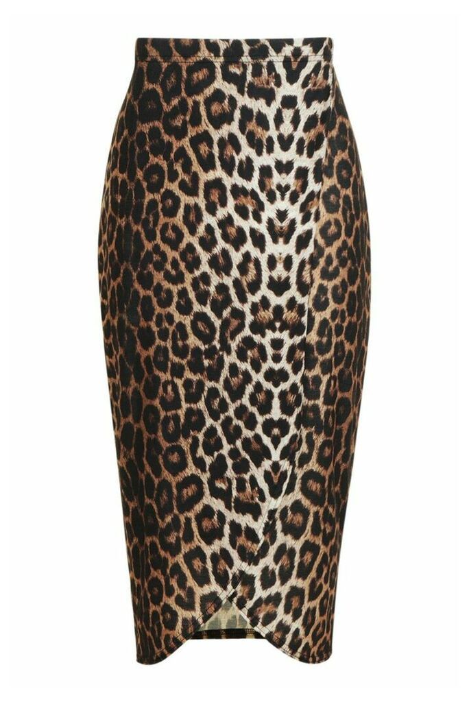 Womens Tall Wrap Over Split Leopard Midi Skirt - brown - 10, Brown