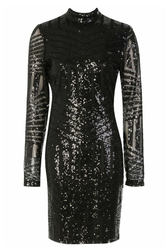 Womens Tall Ava High Neck All Over Patterned Sequin Dress - Black - 16, Black