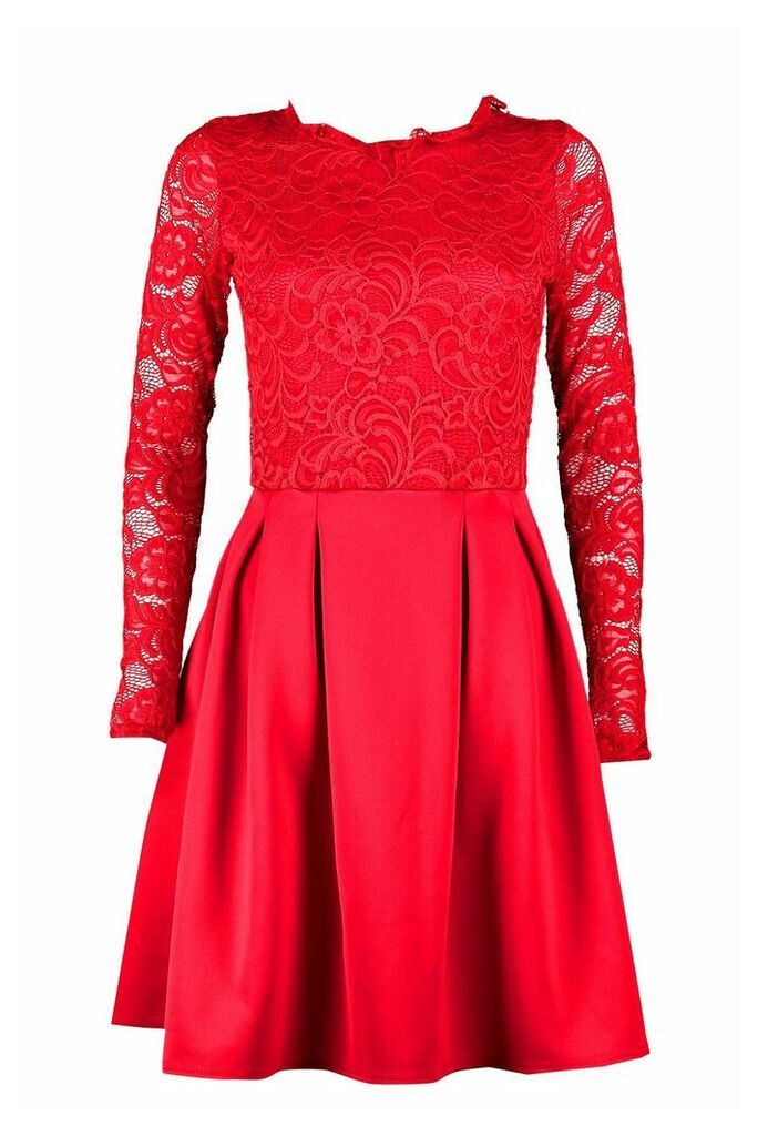 Womens Tall Lace Panel Skater Dress - red - 14, Red