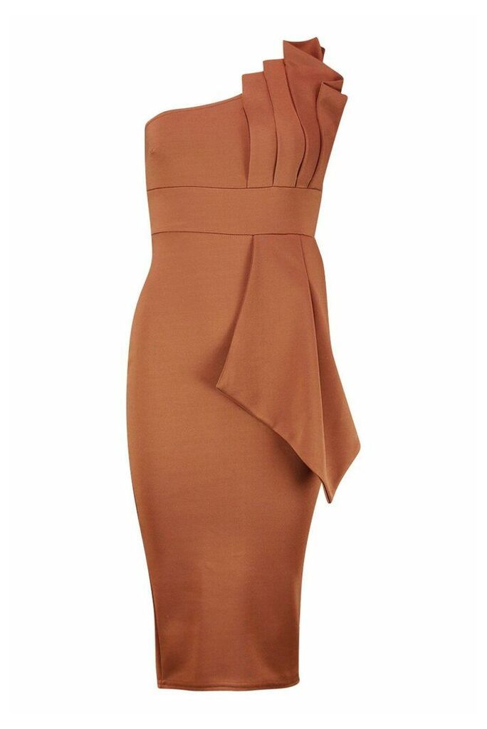 Womens One Shoulder Pleated Detail Midi Dress - Brown - 14, Brown