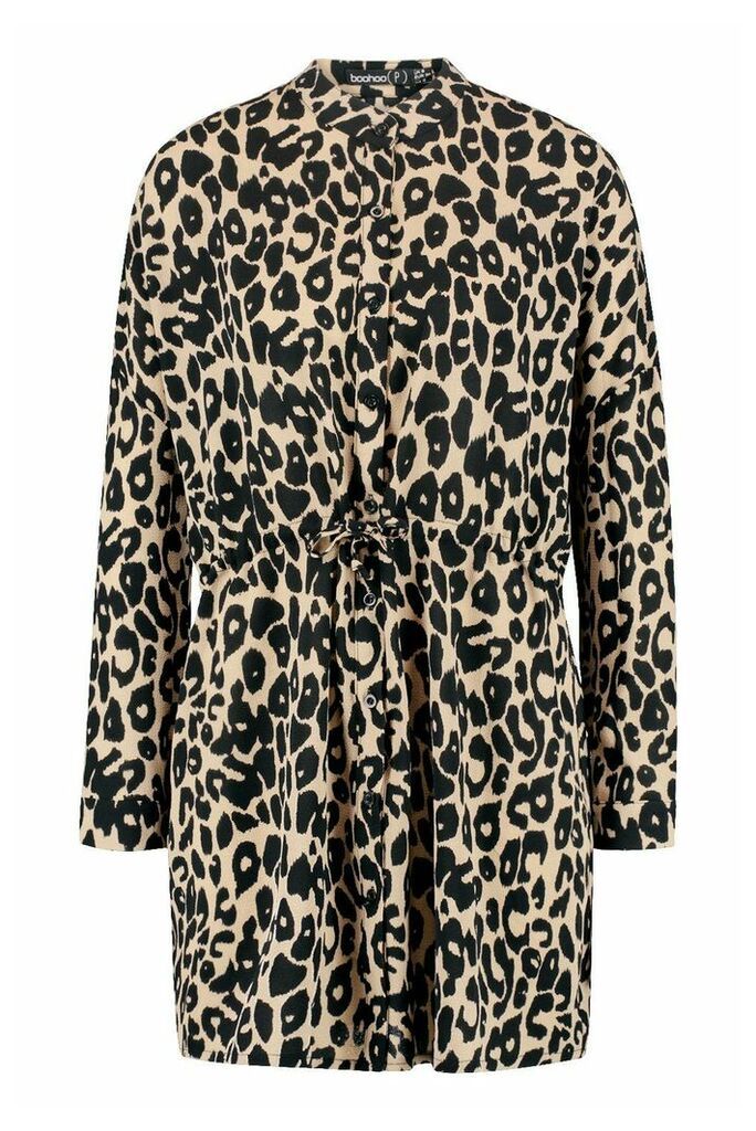 Womens Petite Leopard Print Shirt Dress - beige - 4, Beige