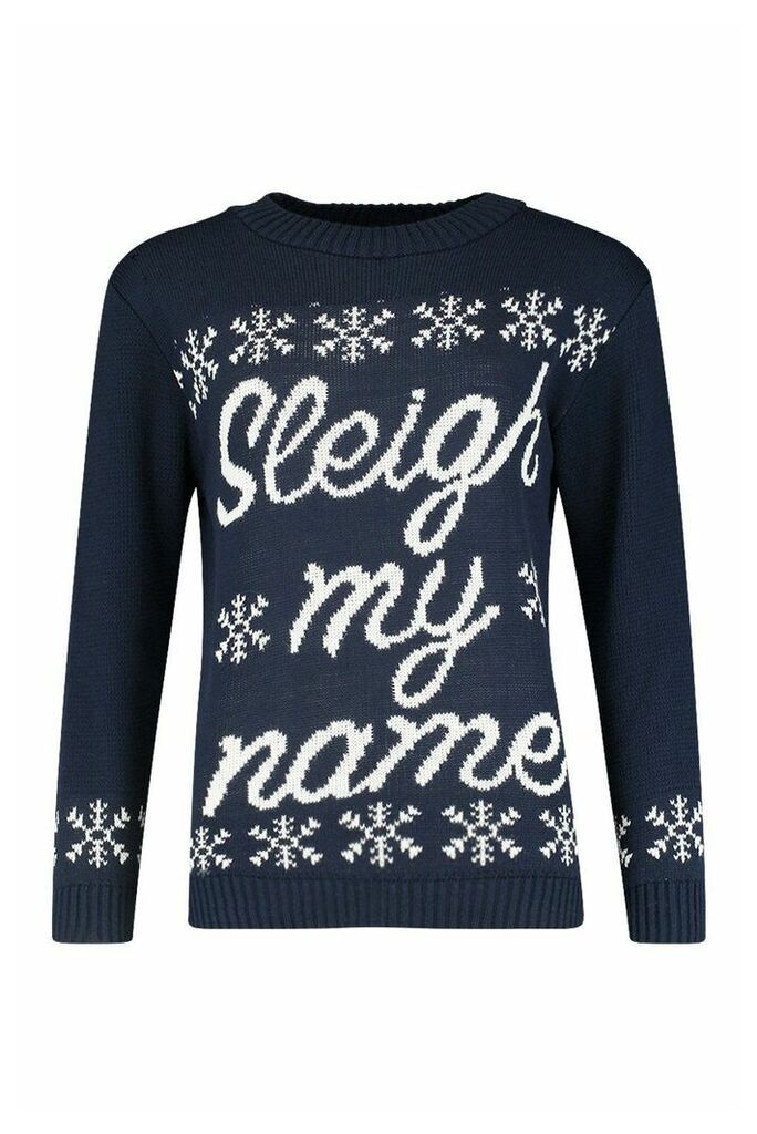 Womens Sleigh My Name Snowflake Slogan Christmas Jumper - navy - S/M, Navy