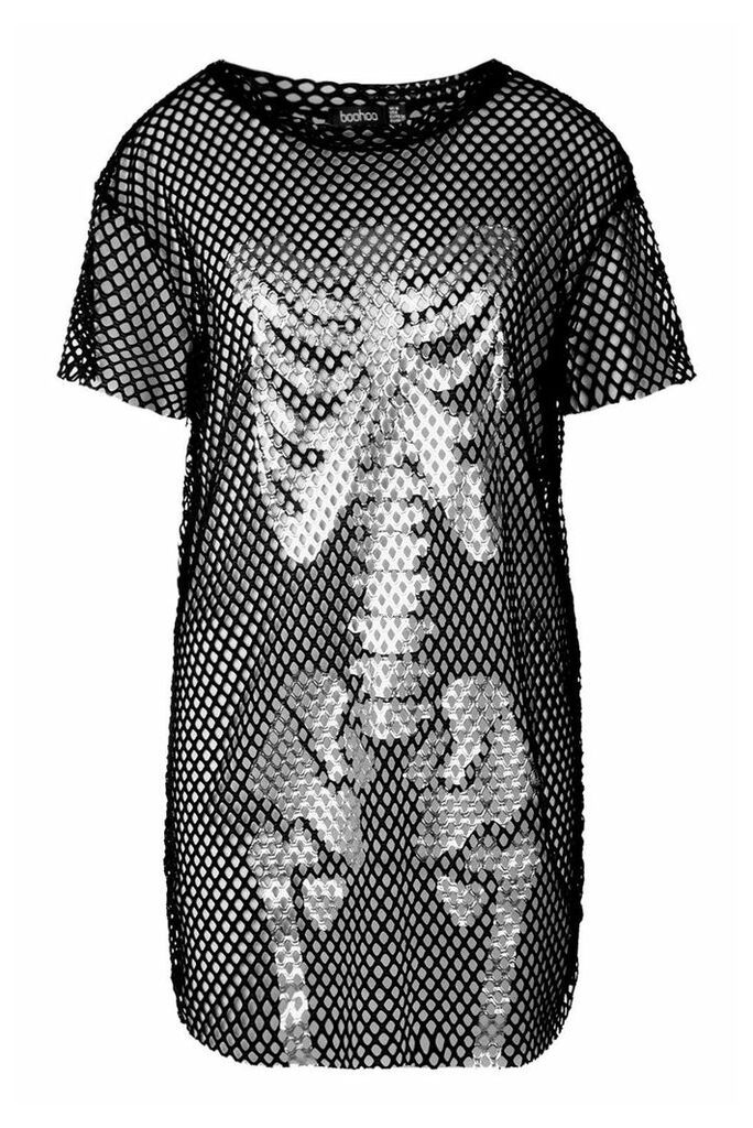 Womens Halloween Foil Print Fishnet Skeleton T-Shirt Dress - Black - 8, Black