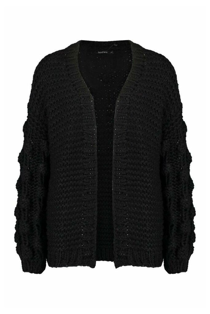 Womens Premium Hand Knitted Chunky Cable Cardigan - black - M/L, Black