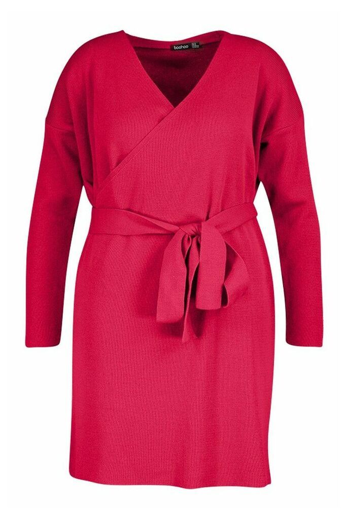 Womens Plus Knitted Off The Shoulder Wrap Dress - red - 28, Red