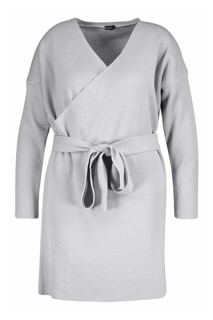 Womens Plus Knitted Off The Shoulder Wrap Dress - grey - 18, Grey