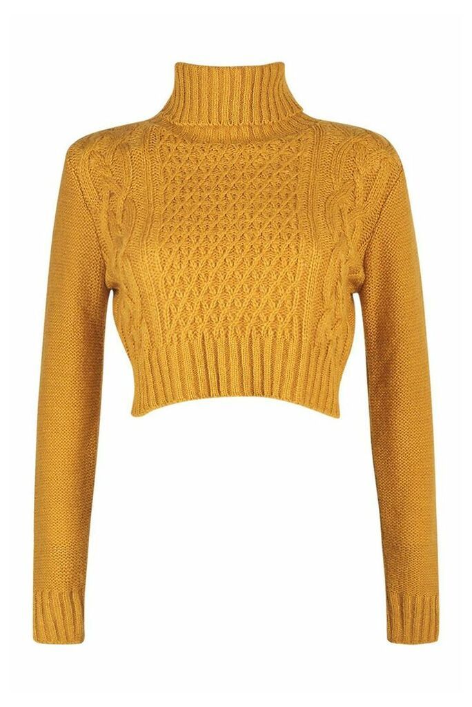 Womens Petite Roll Neck Cable Knit Crop Jumper - Yellow - L, Yellow