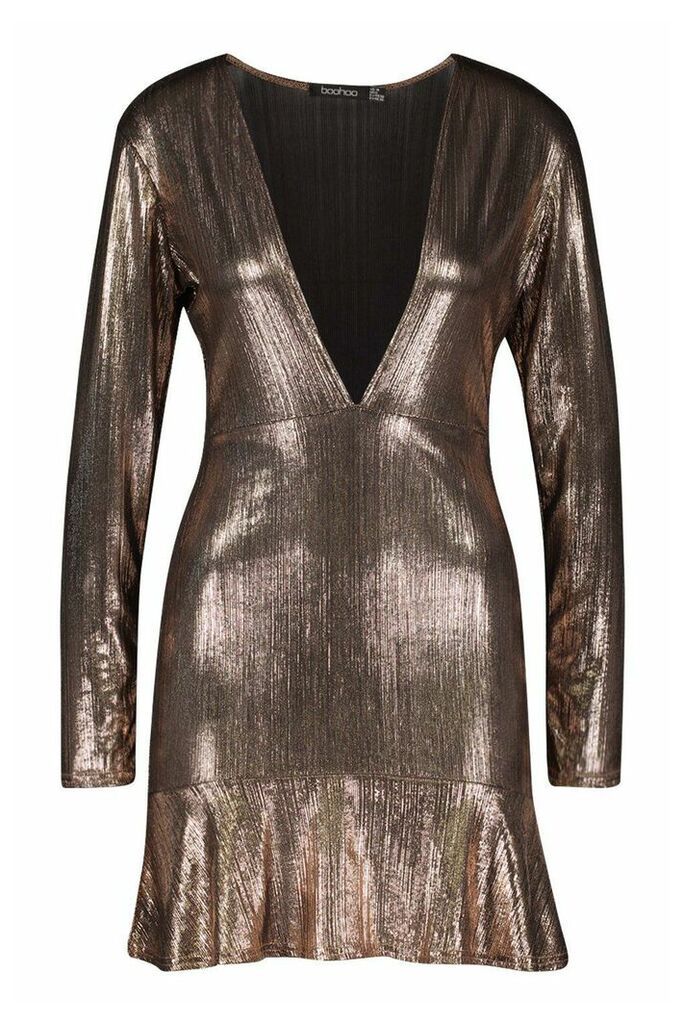 Womens Metallic Plunge Frill Hem Mini Dress - brown - 10, Brown