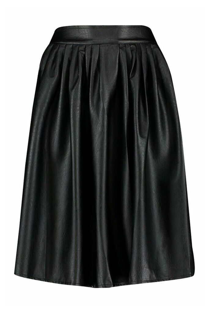 Womens Leather Look Pleated Midi Skirt - Black - M, Black
