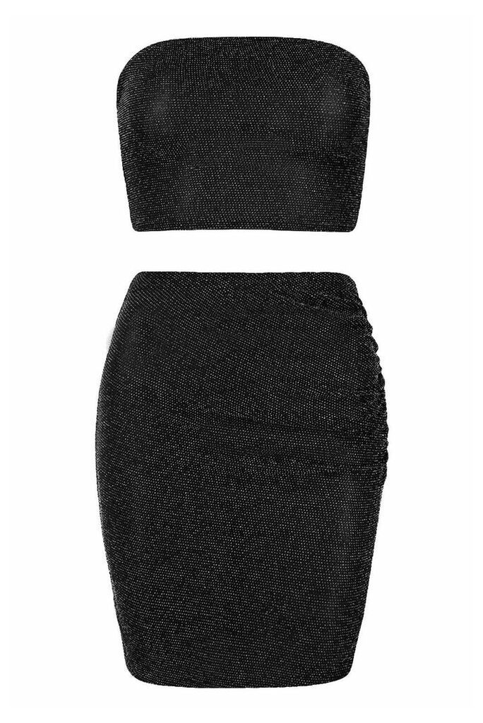 Womens Metallic Bandeau & Ruched Mini Skirt Co-Ord - Black - 14, Black