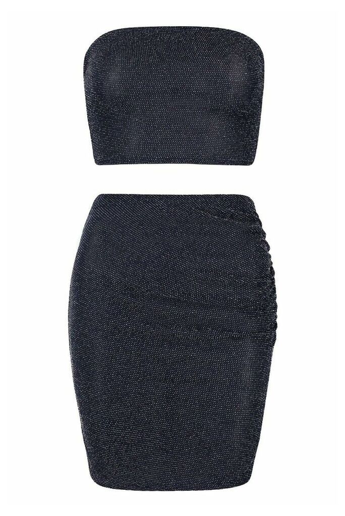 Womens Metallic Bandeau & Ruched Mini Skirt Co-Ord - Navy - 10, Navy