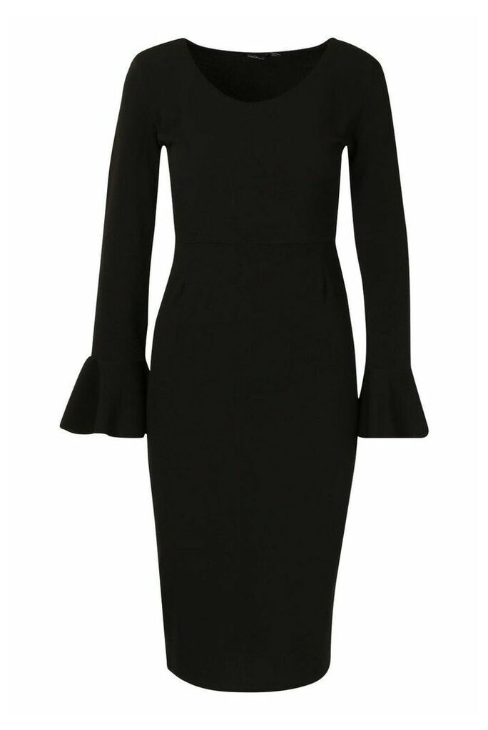 Womens Flute Sleeve Midi Dress - Black - 10, Black