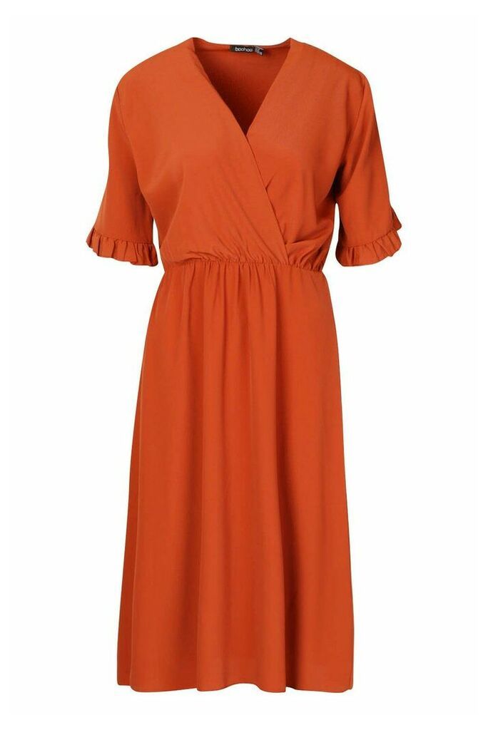 Womens Ruffle Sleeve Woven Midi Dress - orange - 8, Orange
