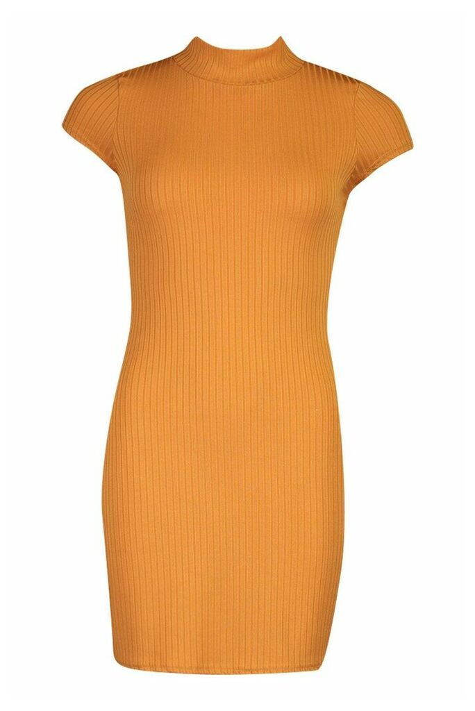 Womens Ribbed High Neck Cap Sleeve Bodycon Dress - orange - 16, Orange