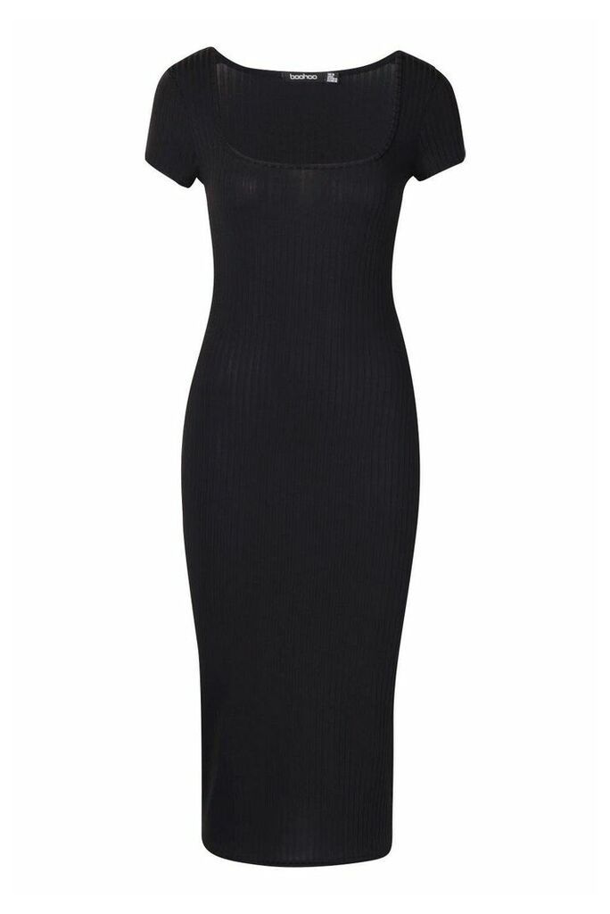 Womens Square Neck Ribbed Midi Dress - black - 6, Black