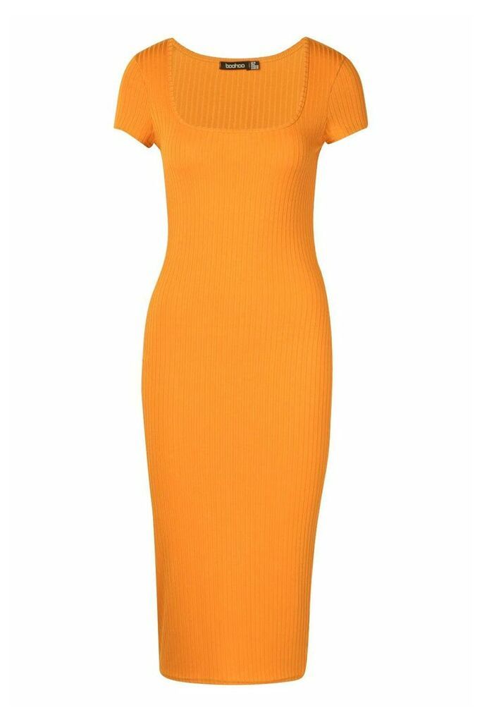 Womens Square Neck Ribbed Midi Dress - orange - 10, Orange