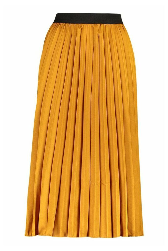 Womens Satin Pleated Midi Skirt - yellow - S, Yellow