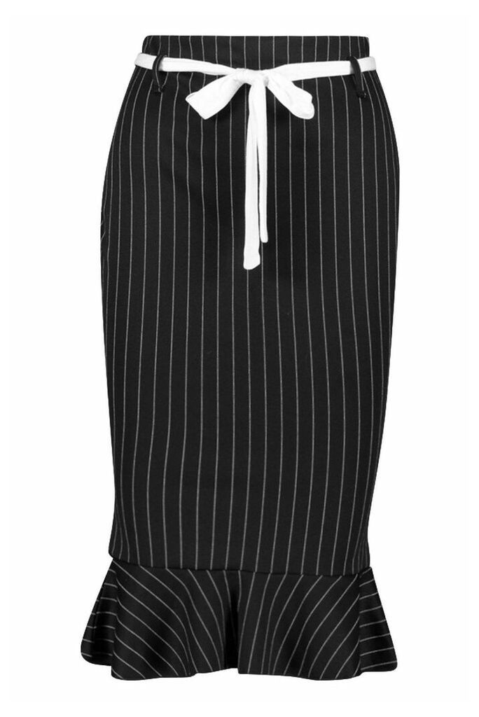 Womens Pinstripe Pencil Skirt With Sash Belt - black - 8, Black