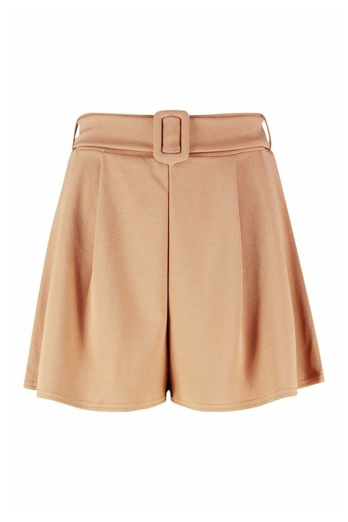 Womens Belted Flippy Shorts - beige - 10, Beige