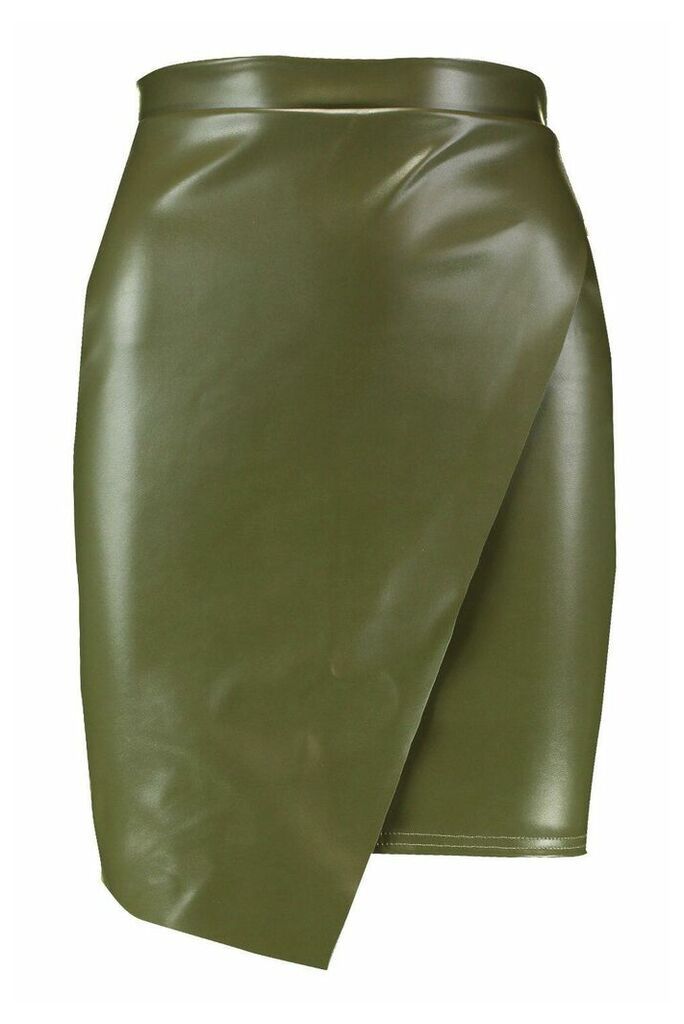 Womens Wrap Front Leather Look Mini Skirt - green - 14, Green