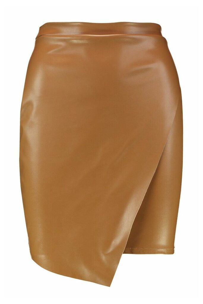 Womens Wrap Front Leather Look Mini Skirt - Beige - 14, Beige