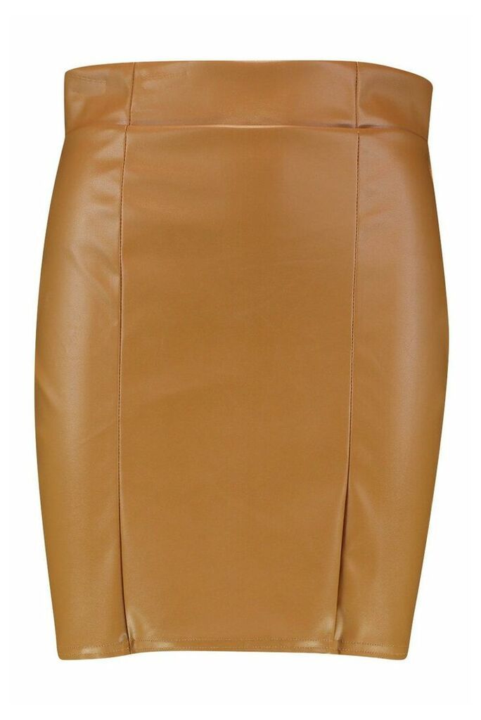 Womens Leather Look Seam Front Mini Skirt - Beige - 16, Beige