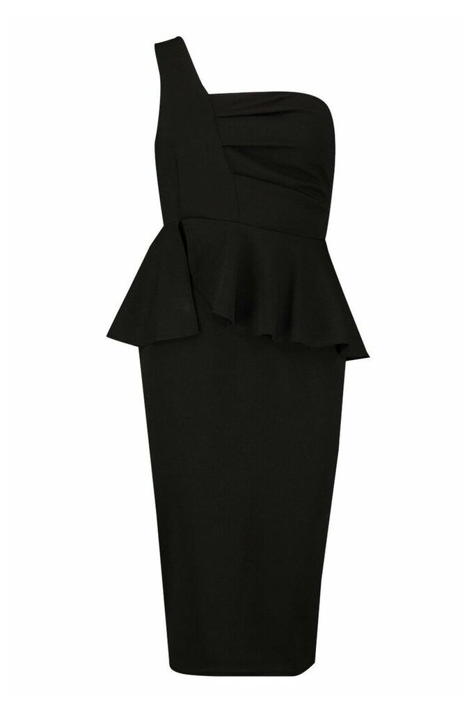 Womens One Shoulder Pleated Peplum Bodycon Midi Dress - black - 6, Black