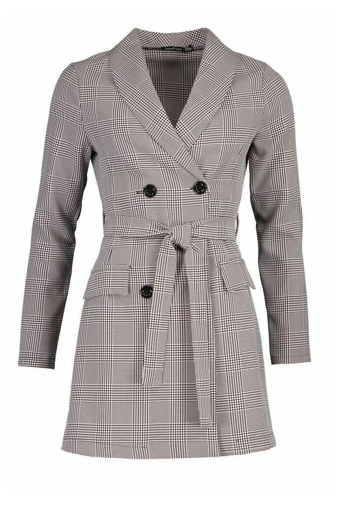 Womens Dog Tooth Check Double Breasted Belted Blazer Dress - Grey - 12, Grey