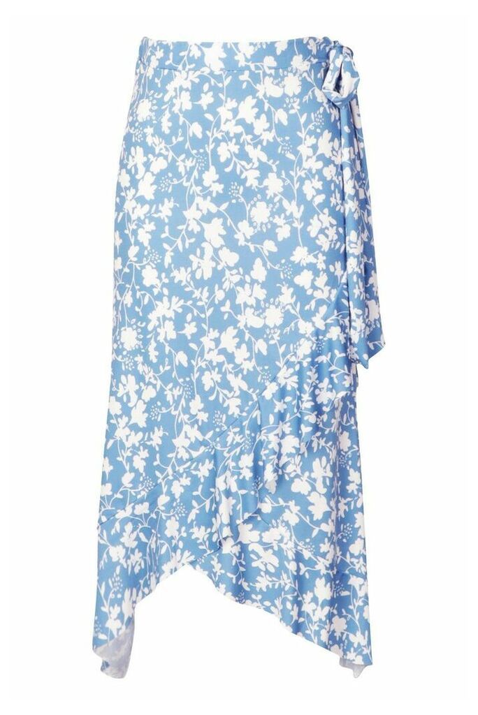 Womens Recycled Floral Print Ruffle Wrap Midi Skirt - blue - 16, Blue