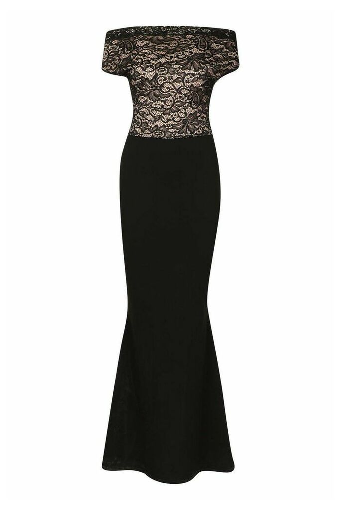 Womens Off The Shoulder Lace Top Fishtail Maxi Dress - black - 10, Black