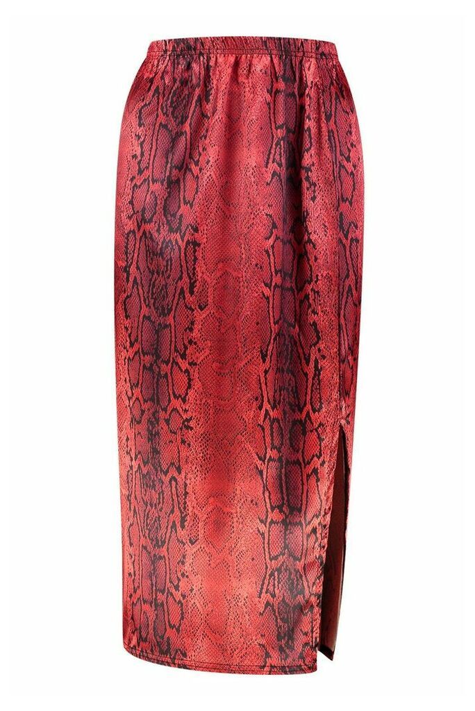 Womens Satin Snake Split Side Midi Skirt - red - 14, Red