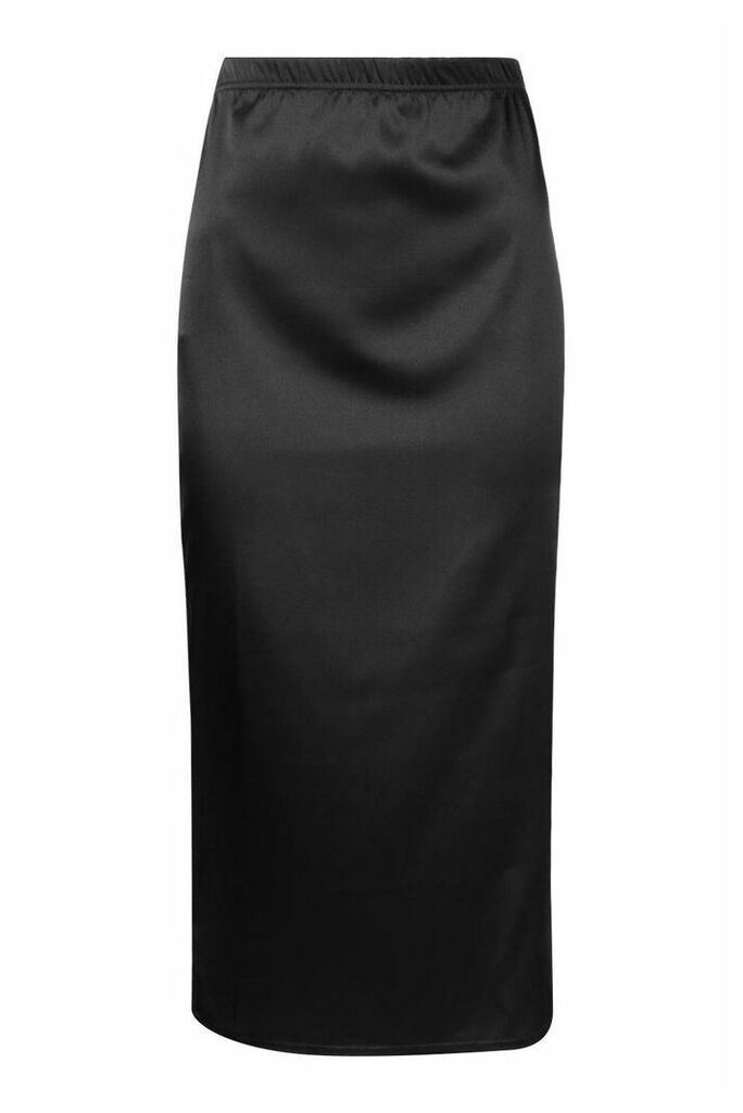 Womens Satin Split Side Midi Skirt - Black - 12, Black
