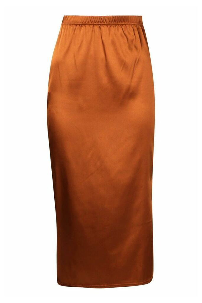 Womens Satin Split Side Midi Skirt - Orange - 12, Orange