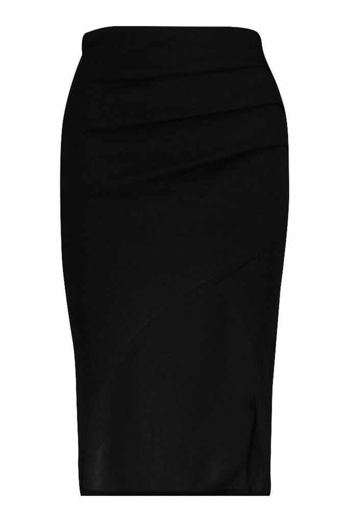 Womens Ruched Side Split Front Midi Skirt - black - 12, Black