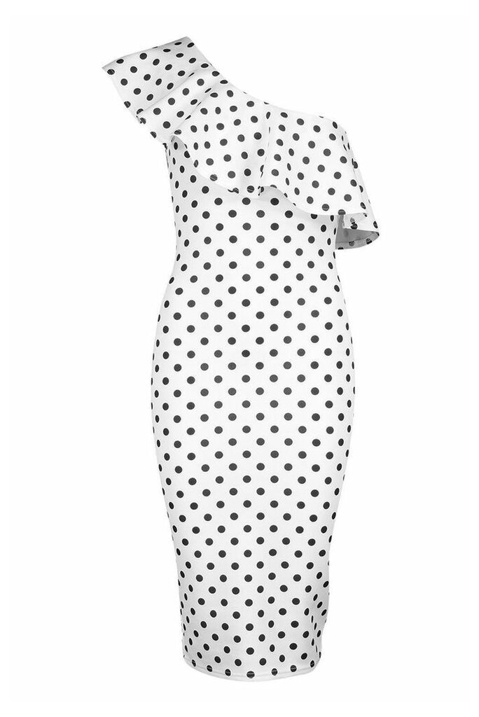 Womens One Shoulder Ruffle Polka Dot Midi Dress - white - 12, White