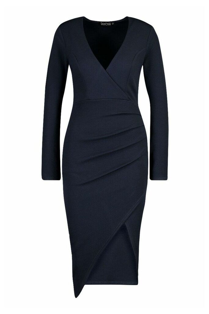 Womens Ruched Side Wrap Over Tailored Midi Dress - navy - 12, Navy