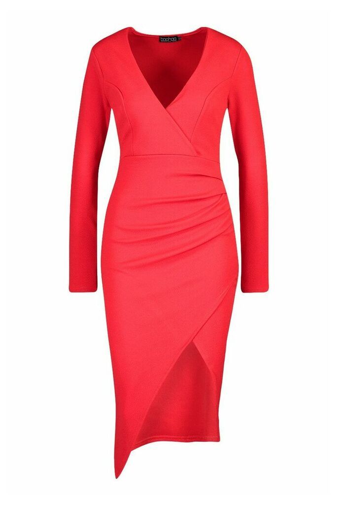 Womens Ruched Side Wrap Over Tailored Midi Dress - 14, Red