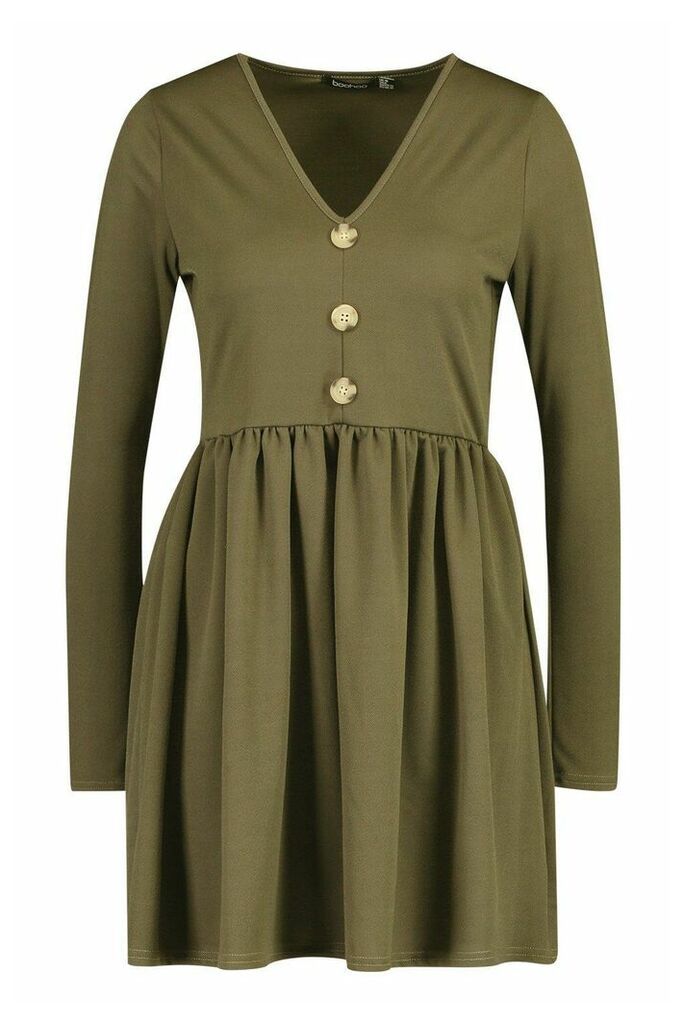 Womens Long Sleeve Button Detail Smock Dress - green - 10, Green