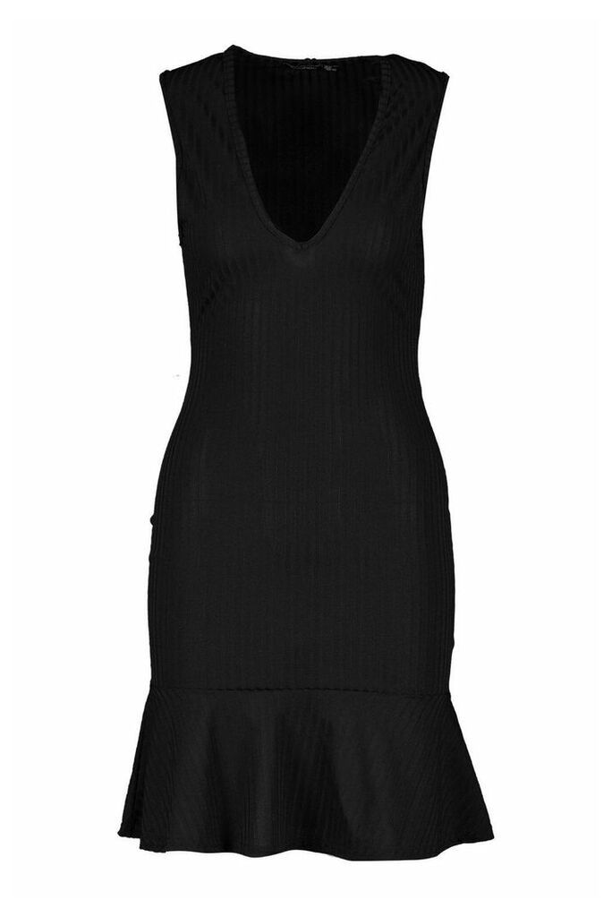 Womens Jumbo Rib Plunge Frill Hem Dress - black - 14, Black