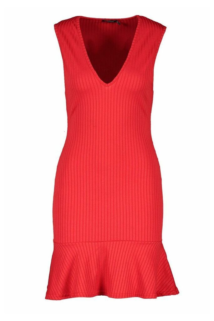 Womens Jumbo Rib Plunge Frill Hem Dress - red - 14, Red