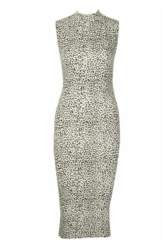 Womens Snow Leopard High Neck Sleeveless Midi Dress - white - 6, White